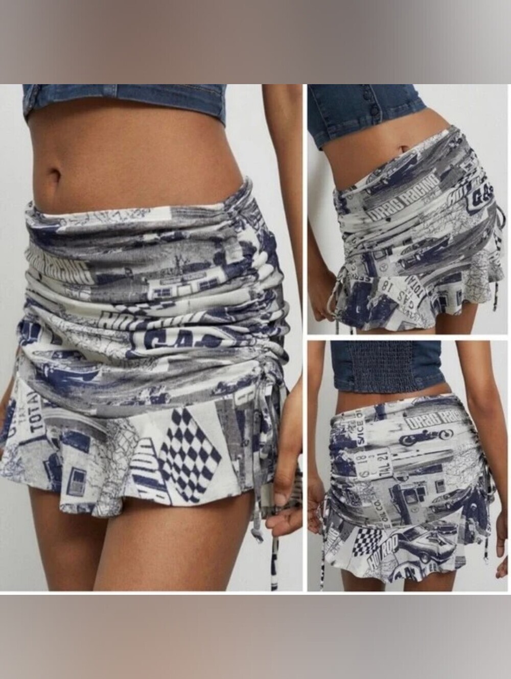 Urban Outfitters Y2K Style Race Car Graphic Ruched Adjustable Mini Skirt